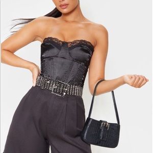 Black lace trim satin corset